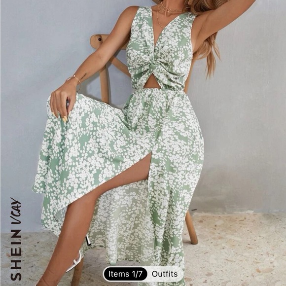 SHEIN VCAY Ditsy Floral Twist Front Split Hem Dress - Picture 2 of 5